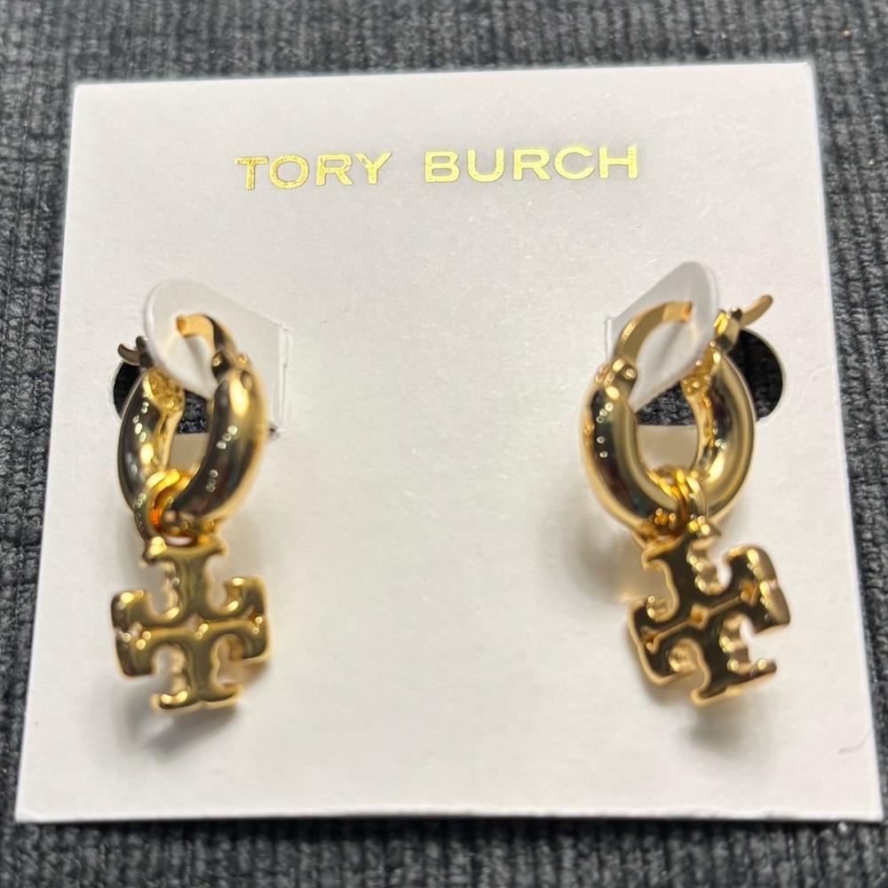 TORY BURCH GOLD KIRA LOGO HUGGIE HOOP EARRINGS - Picture 5 of 8